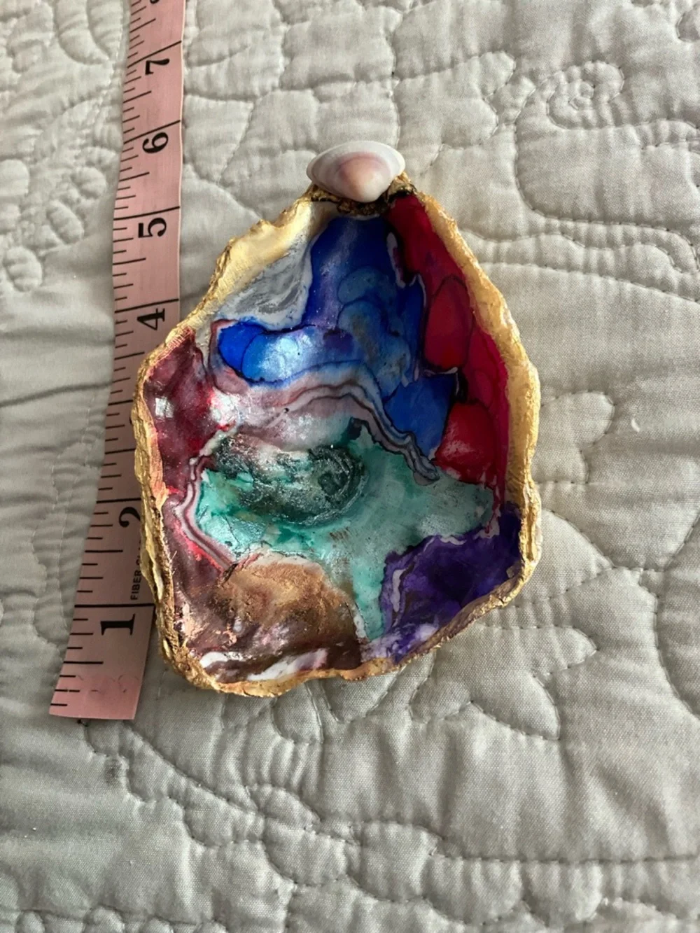 Hand-Painted Colorful Oyster Shell Dish with Gold Rim